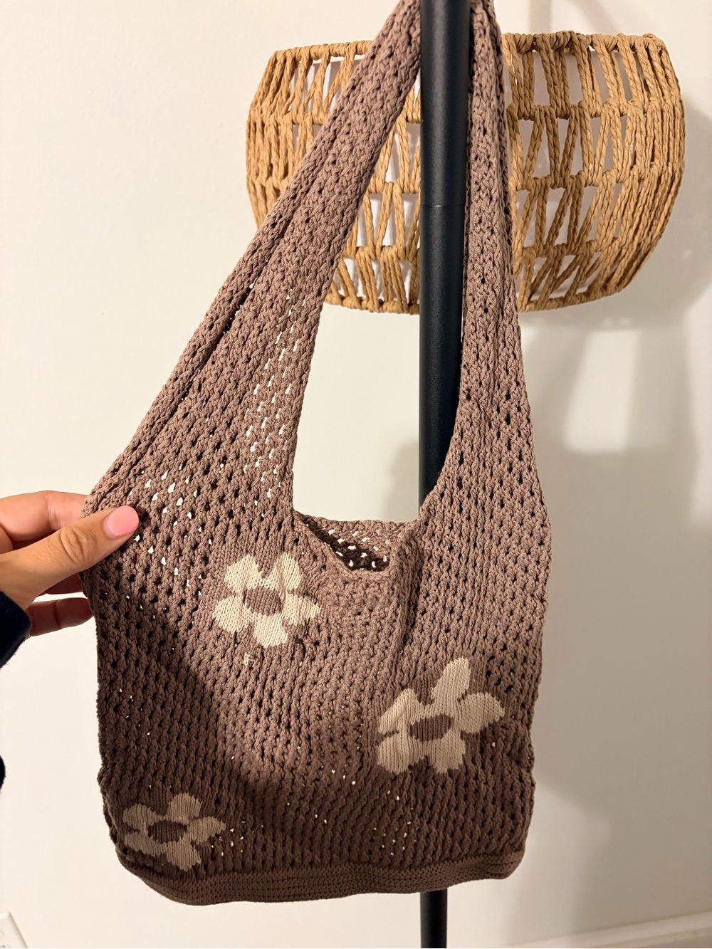Brown Crochet Shoulder Bag with Cream Floral Details
